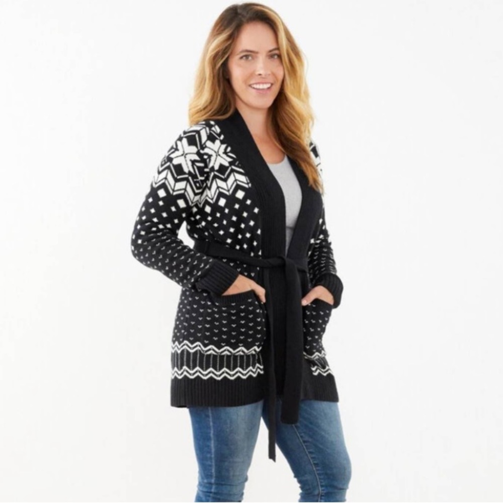 Hanna Andersson Cotton Black &White Fair Isle Storyteller Tie Cardigan Sweater S